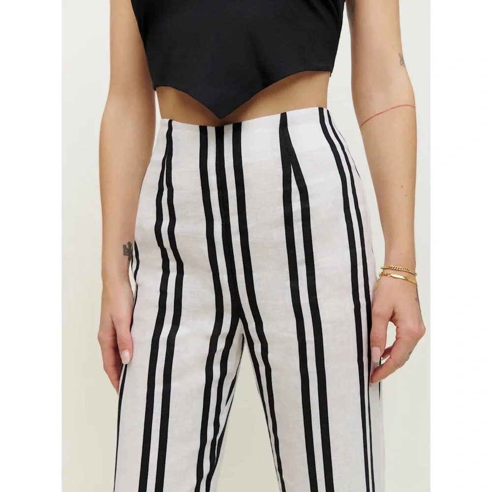 NWT Reformation‎ Poppy Linen High Rise Straight Leg Pant PJ Stripe Black & White